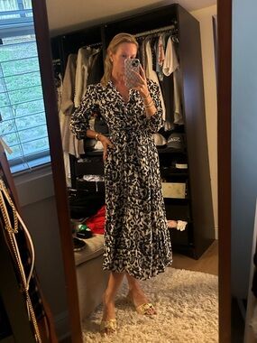 Zara Navy and White Printed Midi Wrap Dress